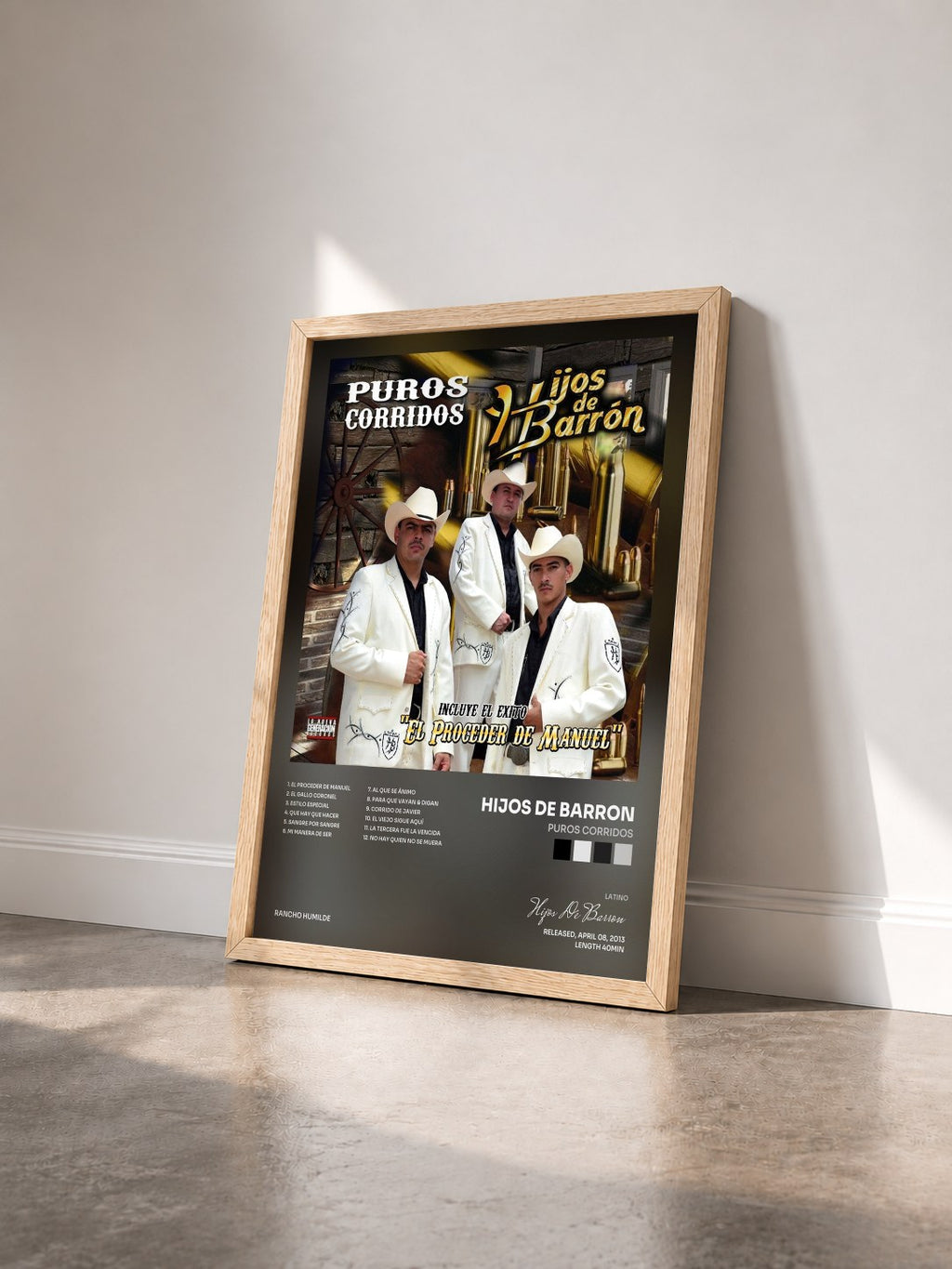 #bois Tableau de l'album Puros Corridos de Hijos De Barron vu de trois quarts, cadre en bois brut