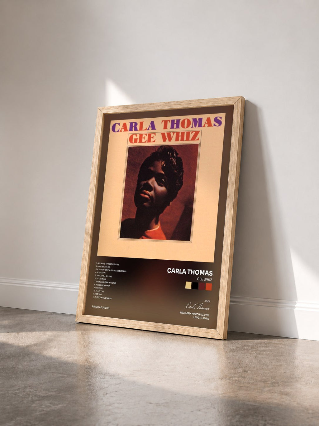 #bois Tableau de l'album Gee Whiz de Carla Thomas vu de trois quarts, cadre en bois brut