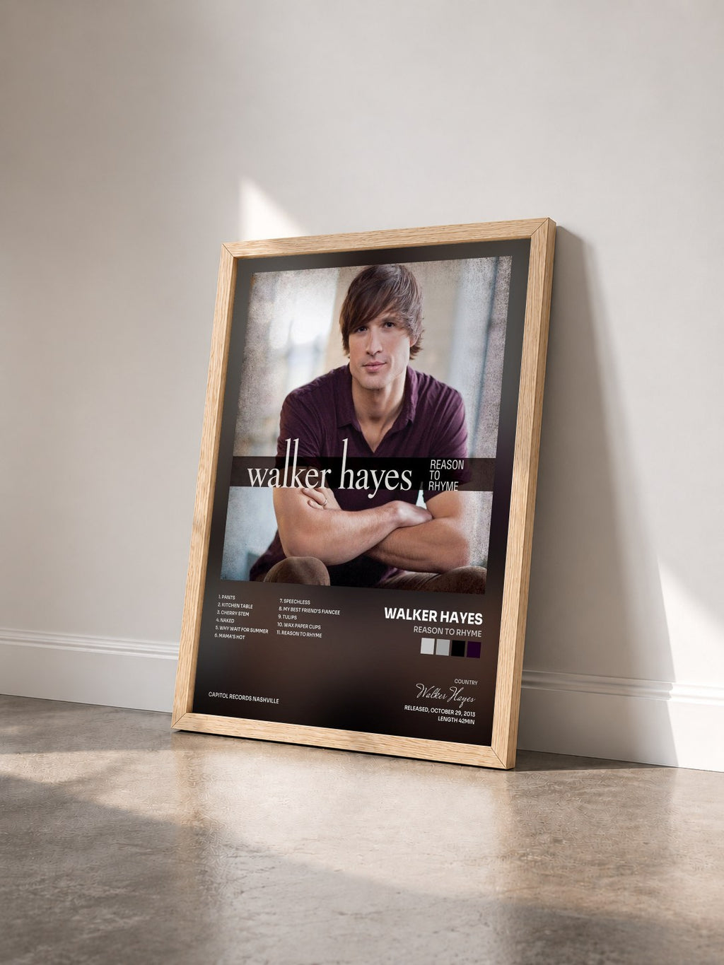 #bois Tableau de l'album Reason To Rhyme de Walker Hayes vu de trois quarts, cadre en bois brut
