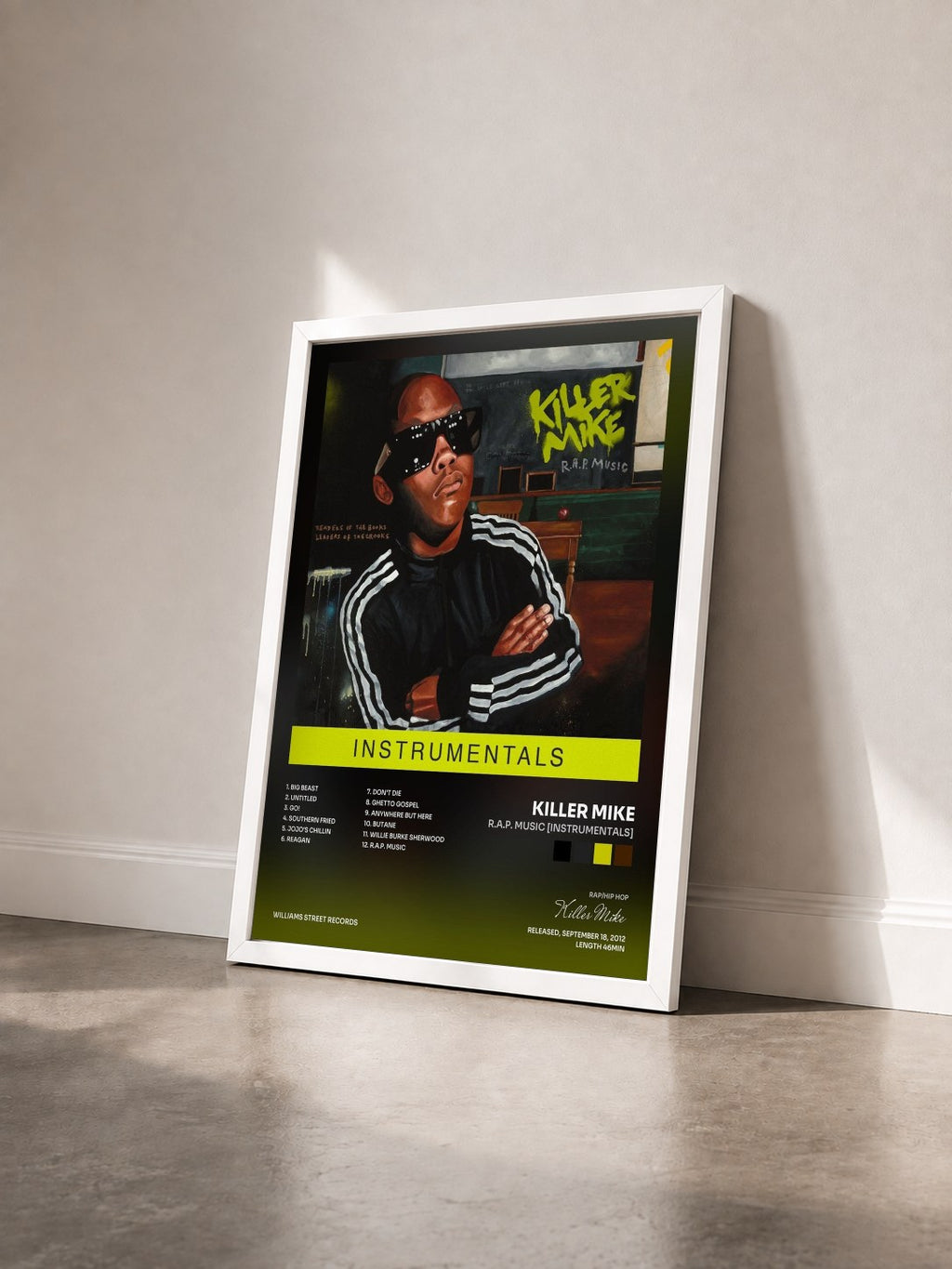 #blanc Tableau de l'album R.A.P. Music [Instrumentals] de Killer Mike vu de trois quarts, cadre blanc