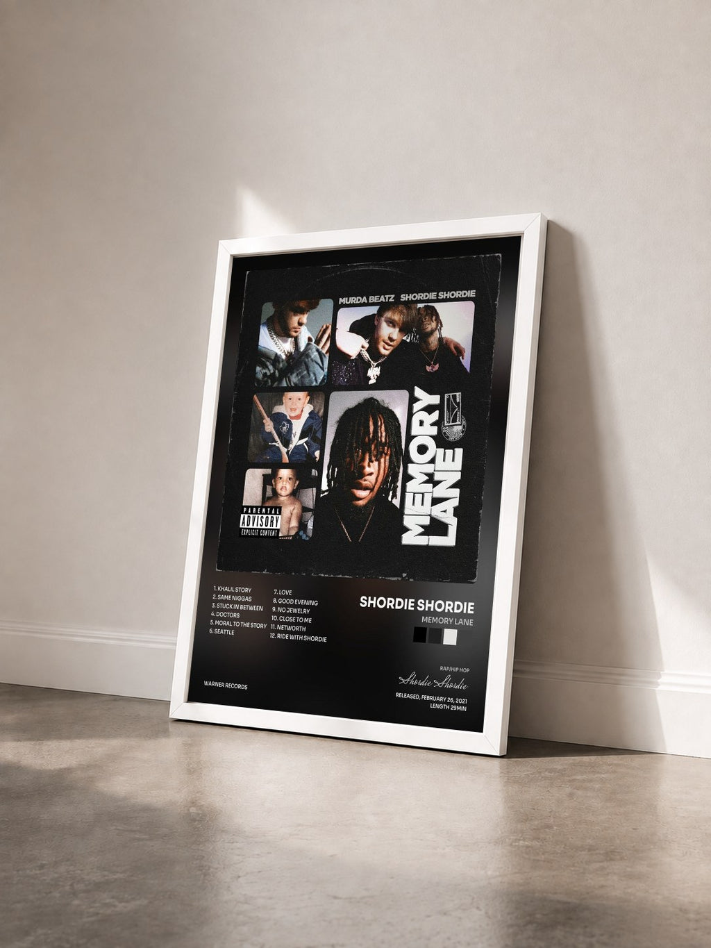 #blanc Tableau de l'album Memory Lane de Shordie Shordie vu de trois quarts, cadre blanc