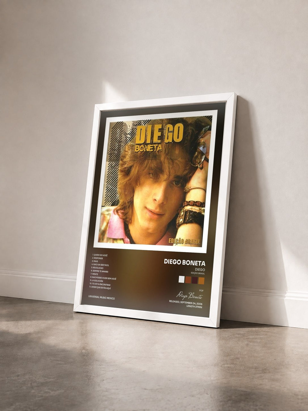 #blanc Tableau de l'album Diego (Edição Brasil) de Diego Boneta vu de trois quarts, cadre blanc