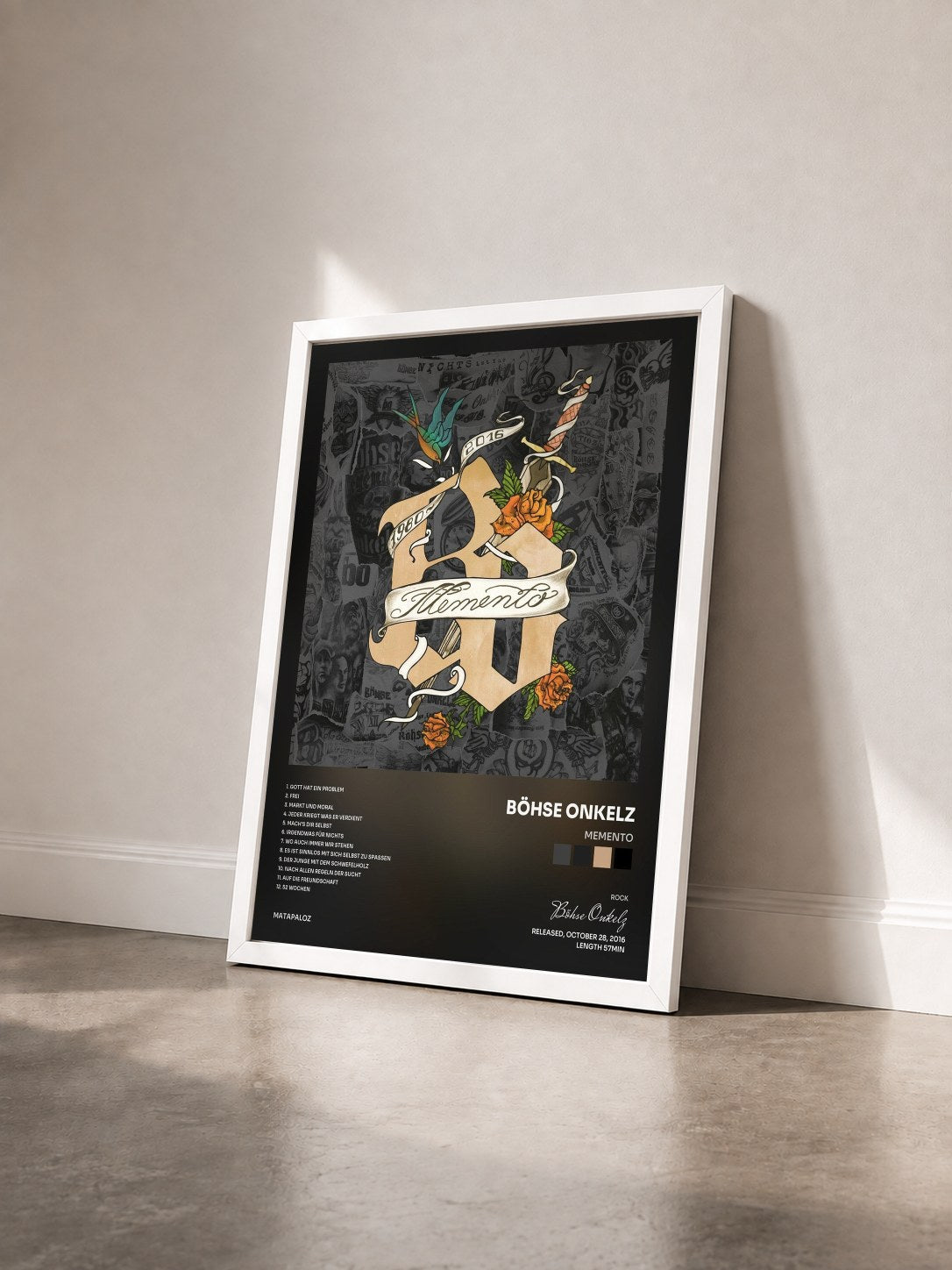 #blanc Tableau de l'album Memento de Böhse Onkelz vu de trois quarts, cadre blanc