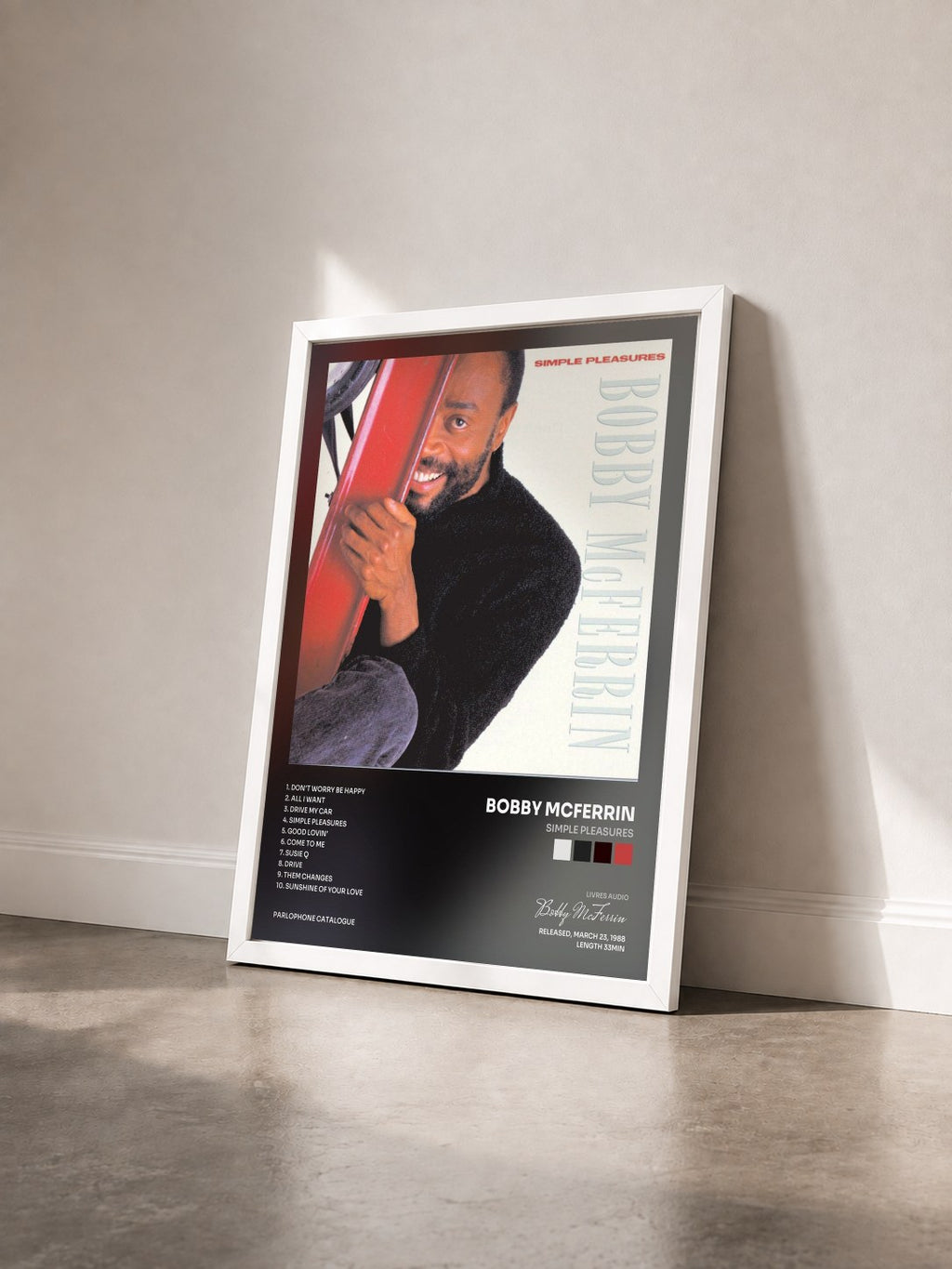#blanc Tableau de l'album Simple Pleasures de Bobby McFerrin vu de trois quarts, cadre blanc