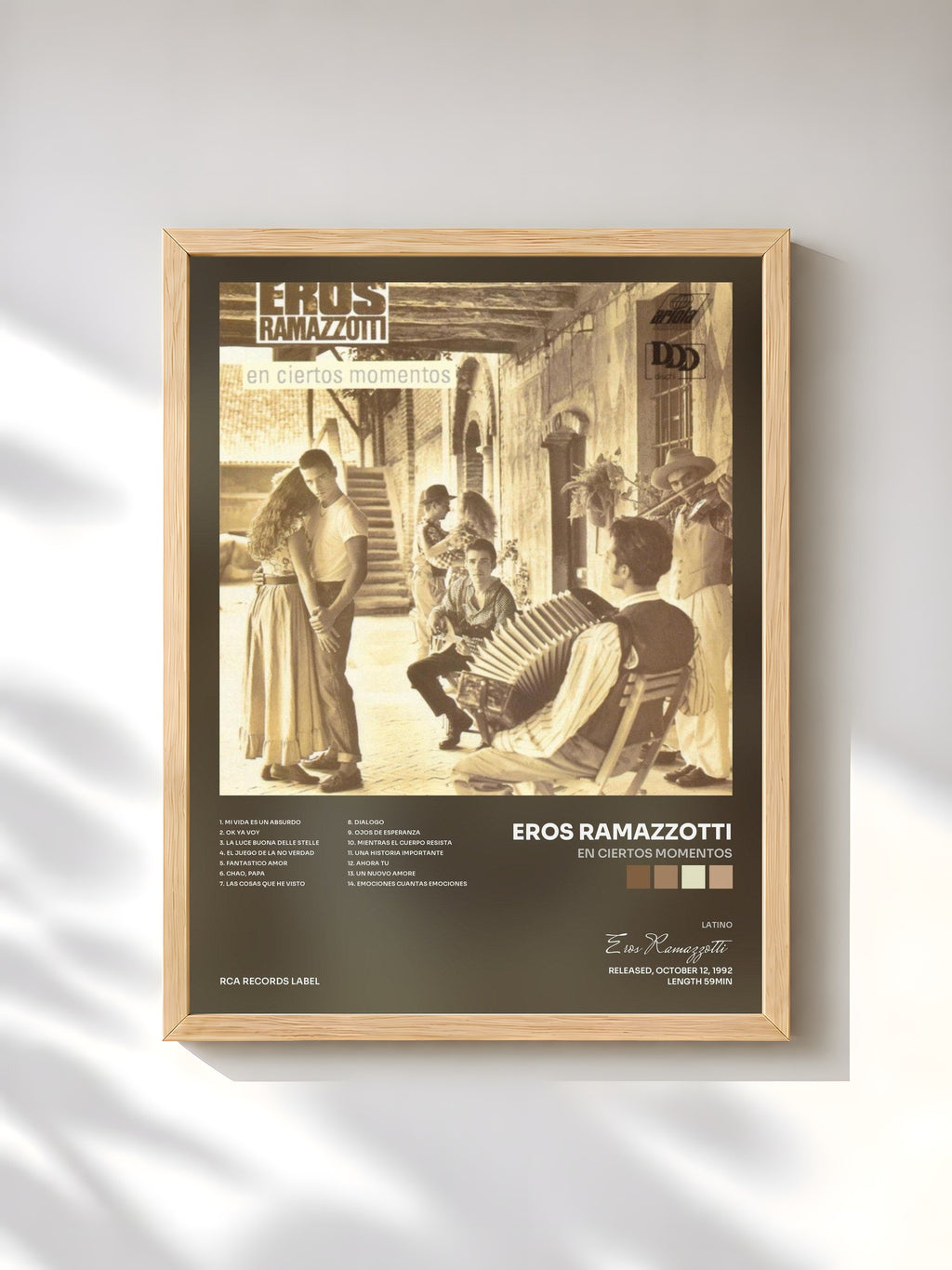 #bois Tableau de l'album En Ciertos Momentos de Eros Ramazzotti, cadre en bois brut, imprimé et encadré en France