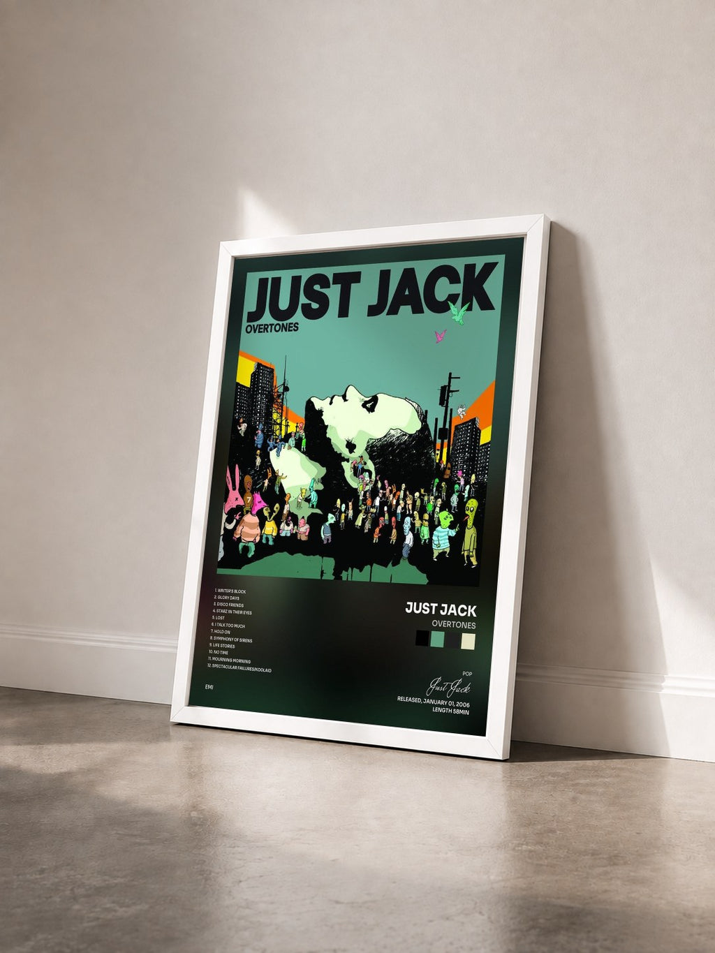 #blanc Tableau de l'album Overtones de Just Jack vu de trois quarts, cadre blanc