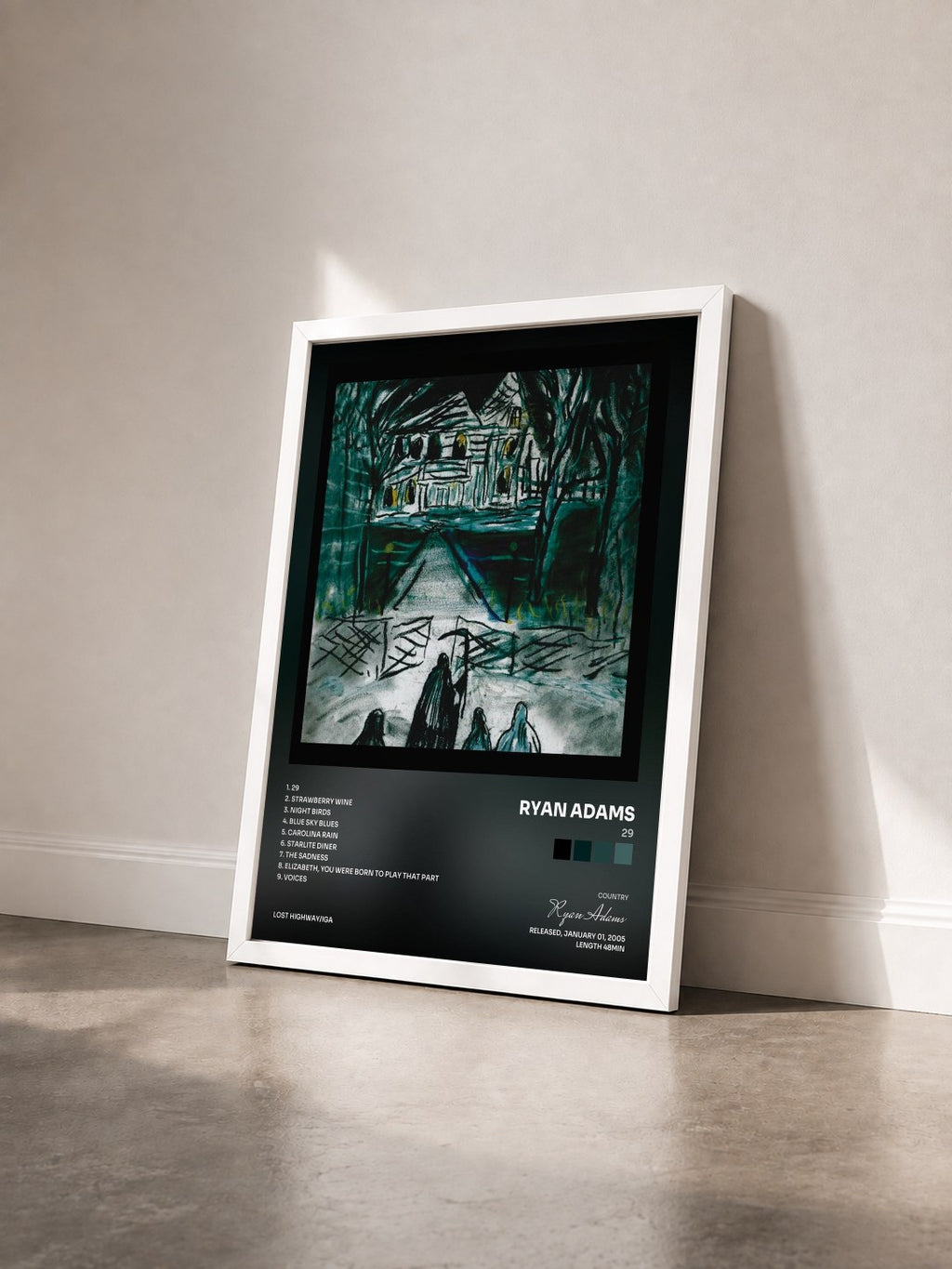 #blanc Tableau de l'album 29 de Ryan Adams vu de trois quarts, cadre blanc