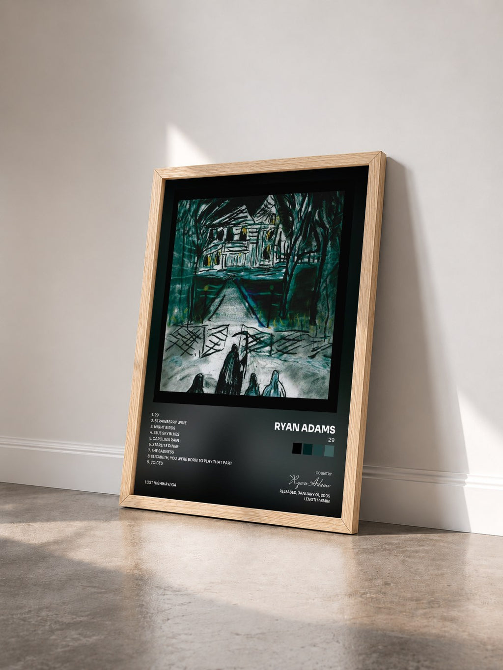 #bois Tableau de l'album 29 de Ryan Adams vu de trois quarts, cadre en bois brut