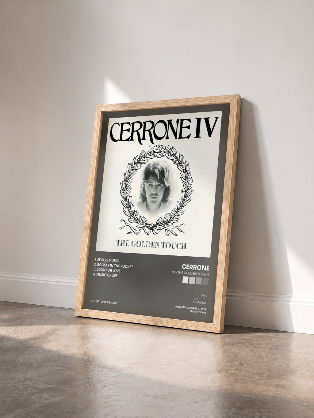 #bois Tableau de l'album IV - The Golden Touch de Cerrone vu de trois quarts, cadre en bois brut