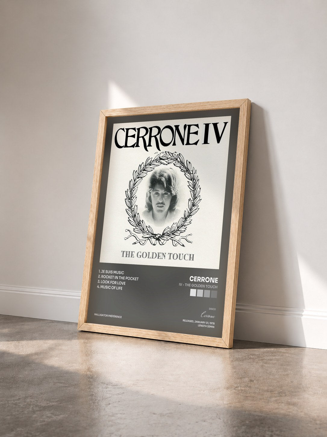 #bois Tableau de l'album IV - The Golden Touch de Cerrone vu de trois quarts, cadre en bois brut
