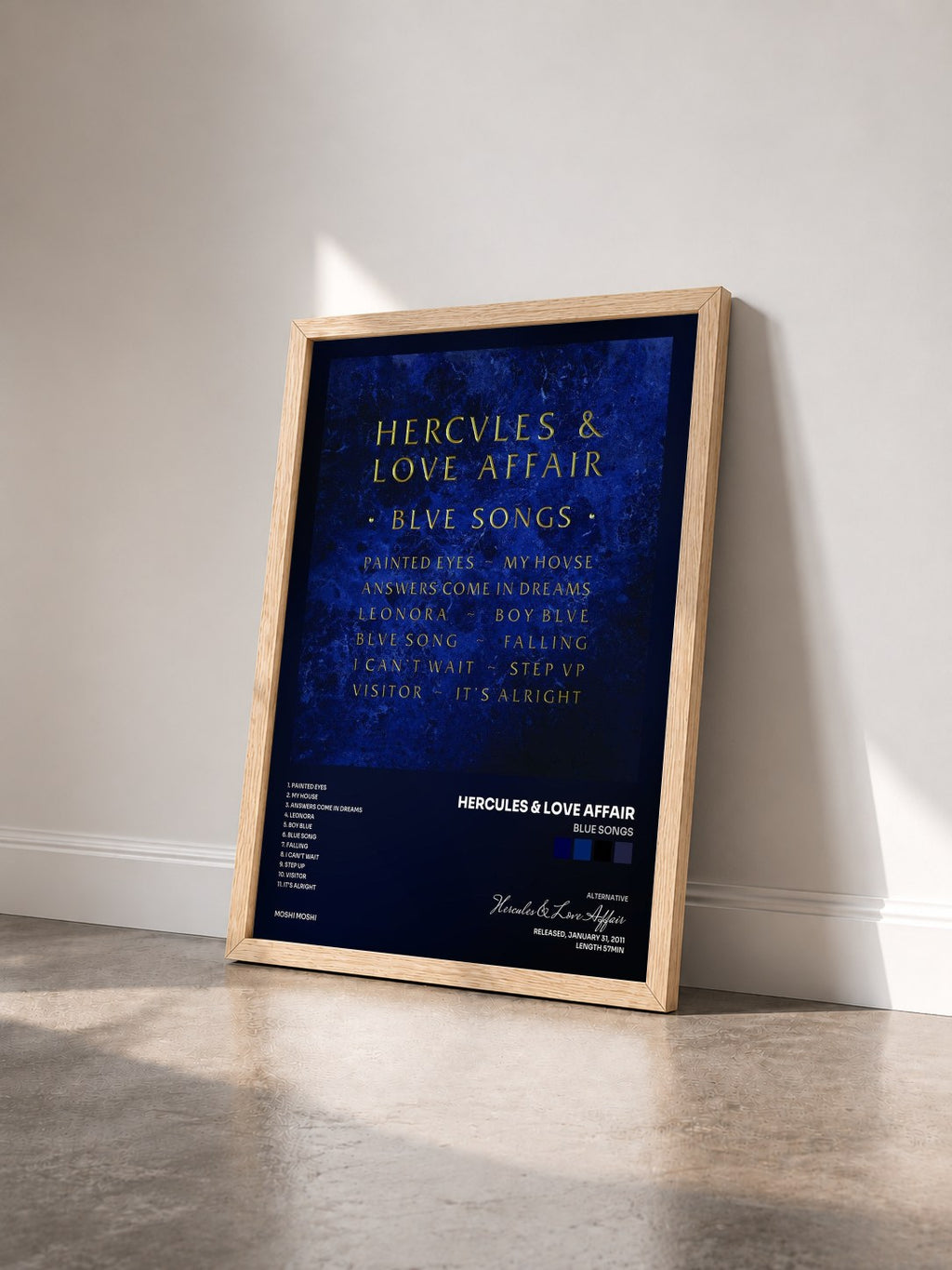 #bois Tableau de l'album Blue Songs de Hercules & Love Affair vu de trois quarts, cadre en bois brut
