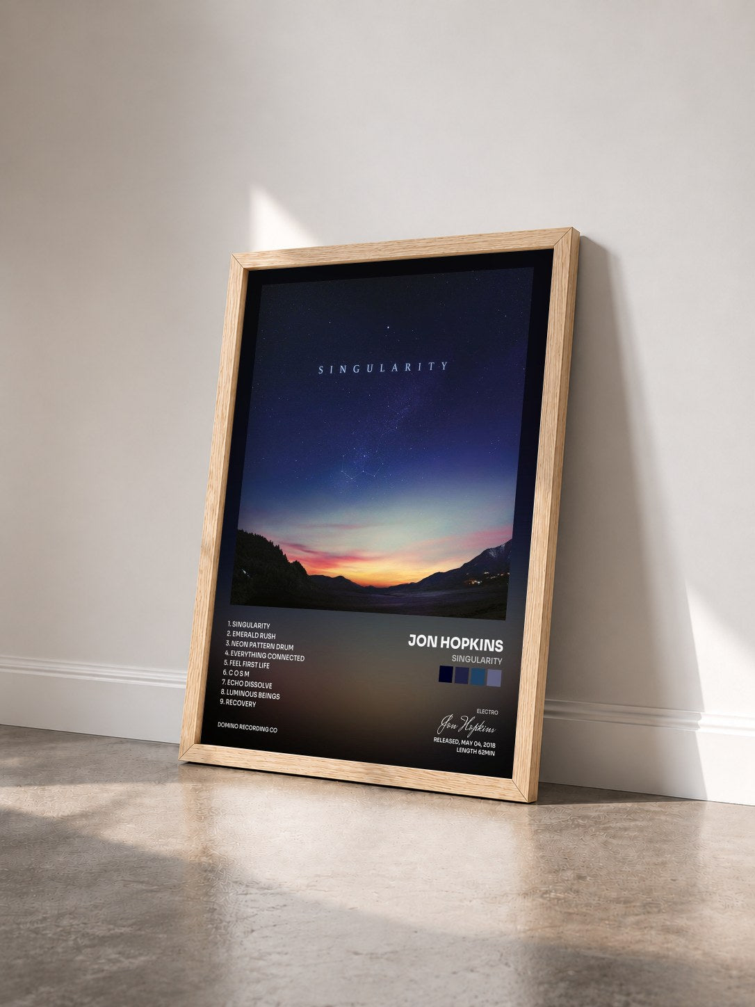 #bois Tableau de l'album Singularity de Jon Hopkins vu de trois quarts, cadre en bois brut