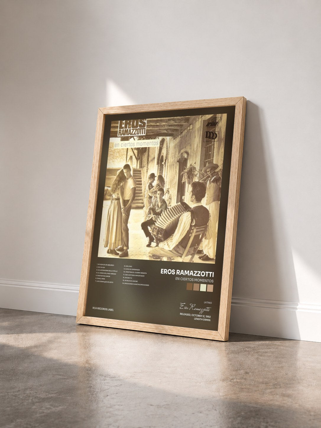 #bois Tableau de l'album En Ciertos Momentos de Eros Ramazzotti vu de trois quarts, cadre en bois brut