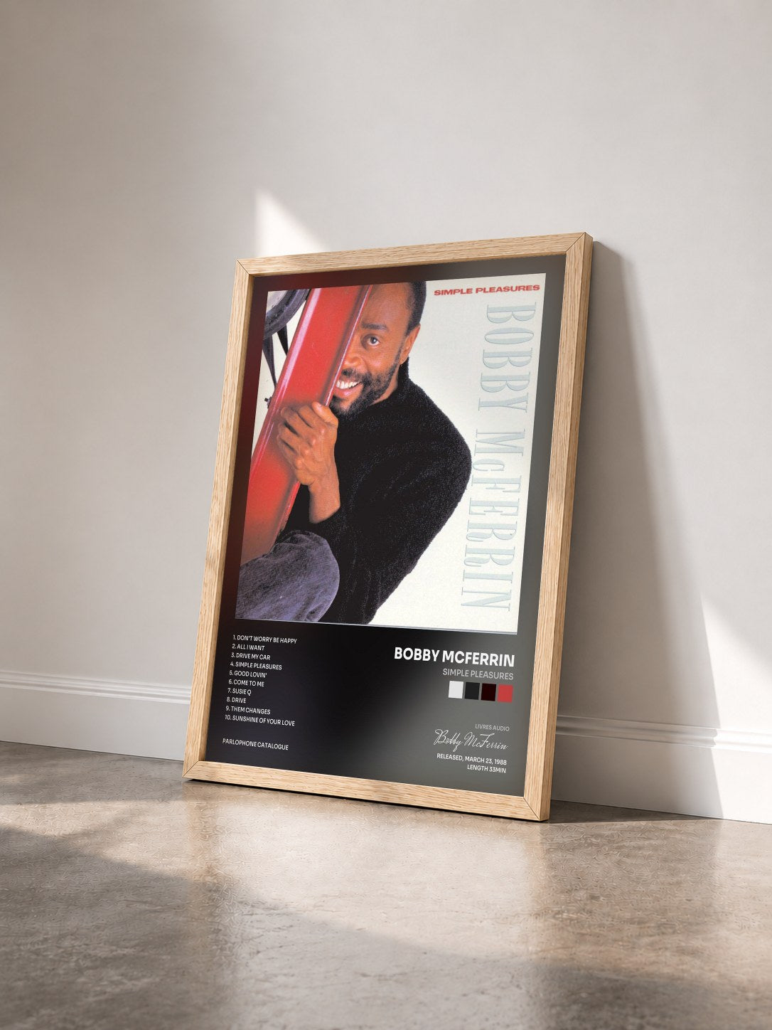 #bois Tableau de l'album Simple Pleasures de Bobby McFerrin vu de trois quarts, cadre en bois brut