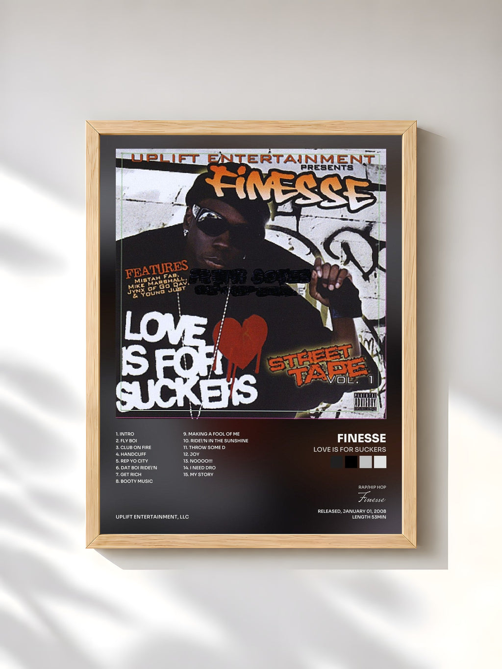 #bois Tableau de l'album Love is For Suckers de Finesse, cadre en bois brut, imprimé et encadré en France