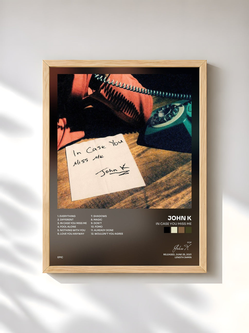 #bois Tableau de l'album in case you miss me de John K, cadre en bois brut, imprimé et encadré en France