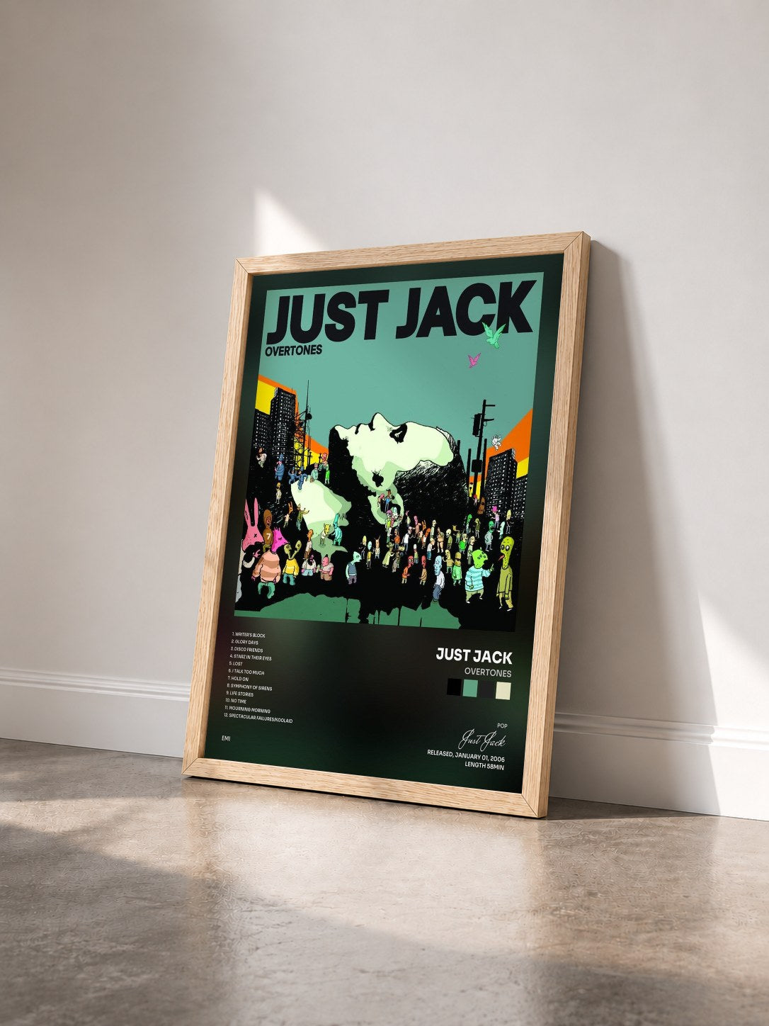 #bois Tableau de l'album Overtones de Just Jack vu de trois quarts, cadre en bois brut