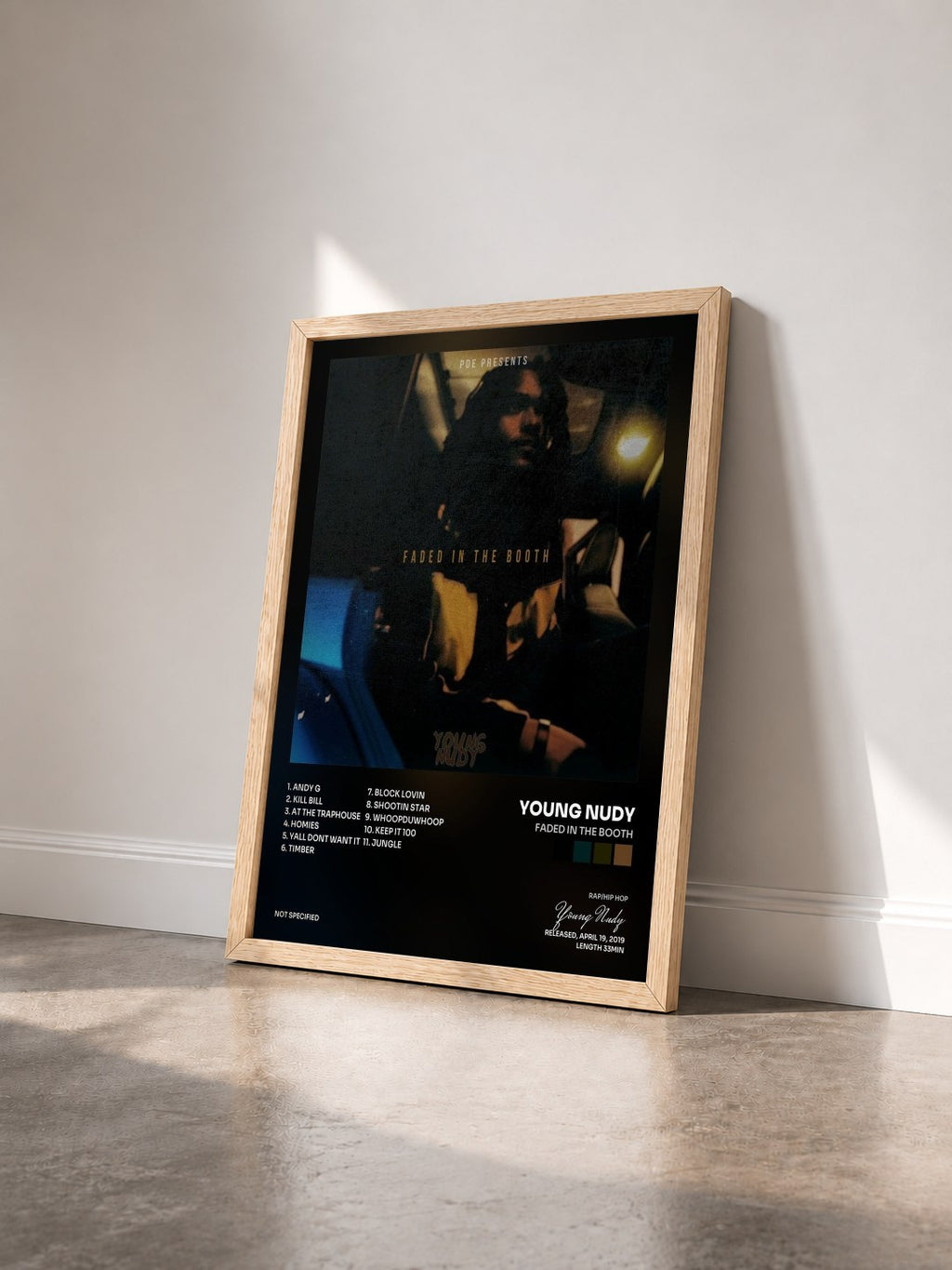 #bois Tableau de l'album Faded In The Booth de Young Nudy vu de trois quarts, cadre en bois brut