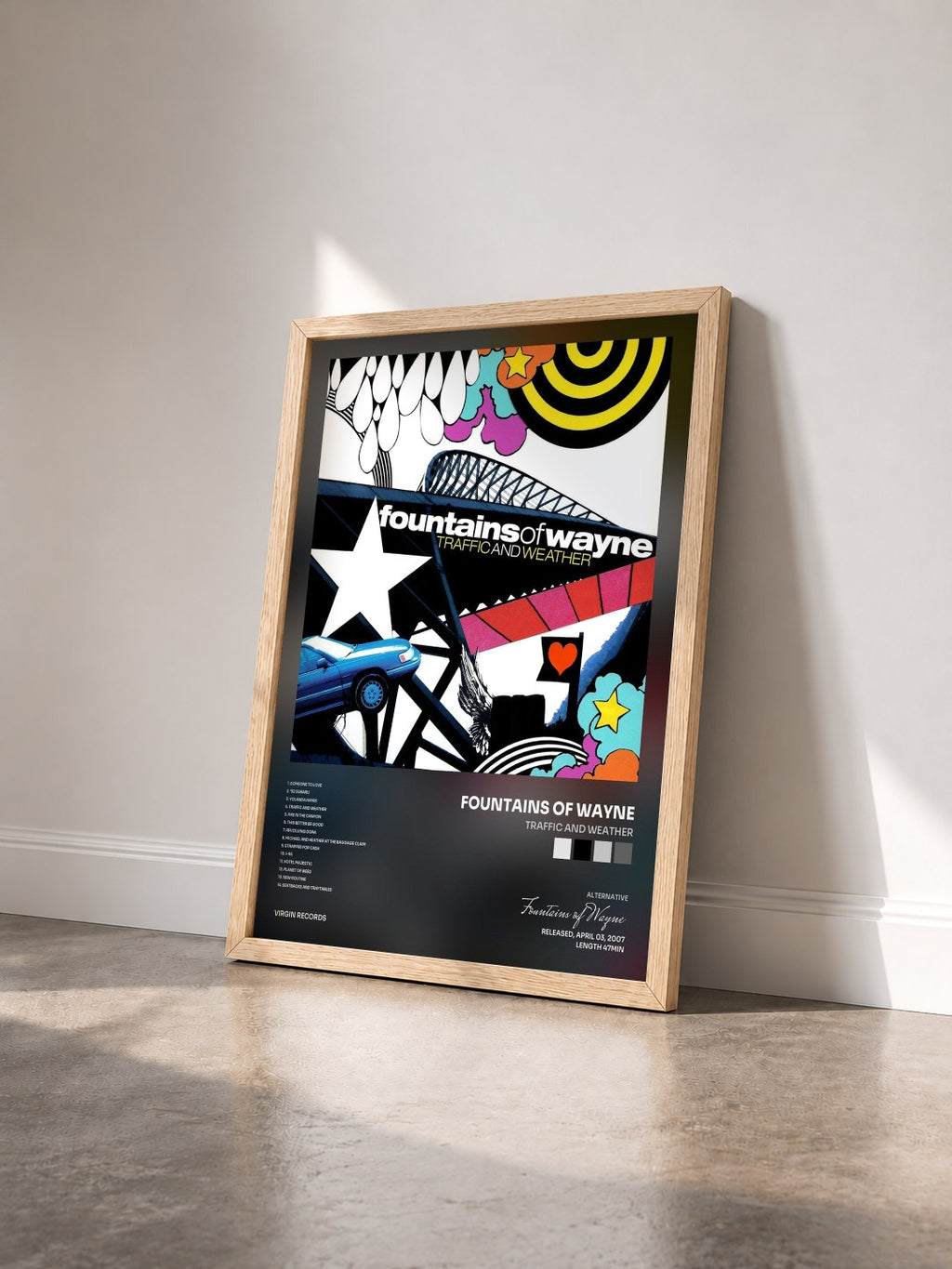 #bois Tableau de l'album Traffic And Weather de Fountains of Wayne vu de trois quarts, cadre en bois brut