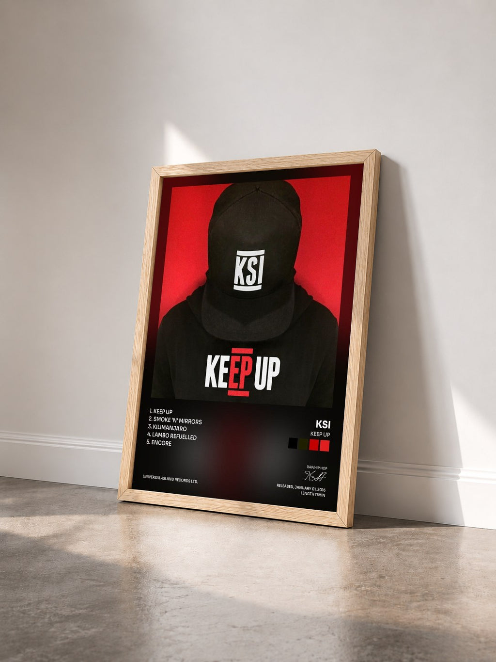 #bois Tableau de l'album Keep Up de KSI vu de trois quarts, cadre en bois brut