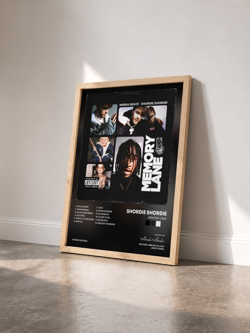 #bois Tableau de l'album Memory Lane de Shordie Shordie vu de trois quarts, cadre en bois brut
