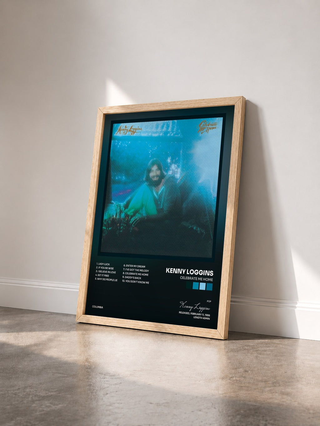 #bois Tableau de l'album Celebrate Me Home de Kenny Loggins vu de trois quarts, cadre en bois brut