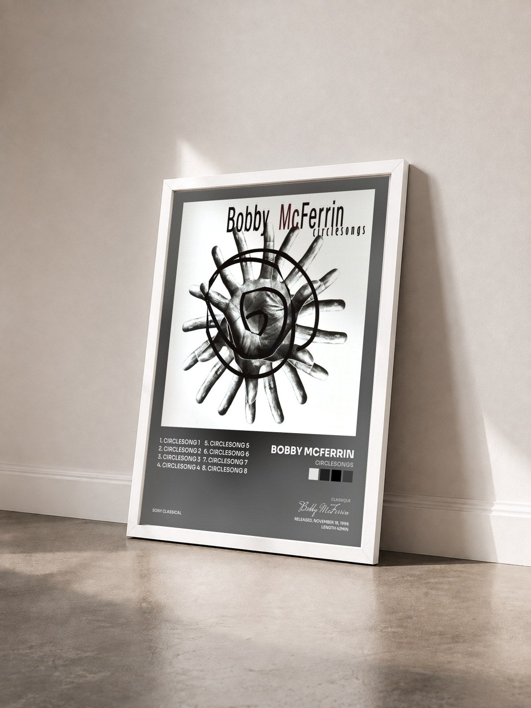 #blanc Tableau de l'album Circlesongs de Bobby McFerrin vu de trois quarts, cadre blanc