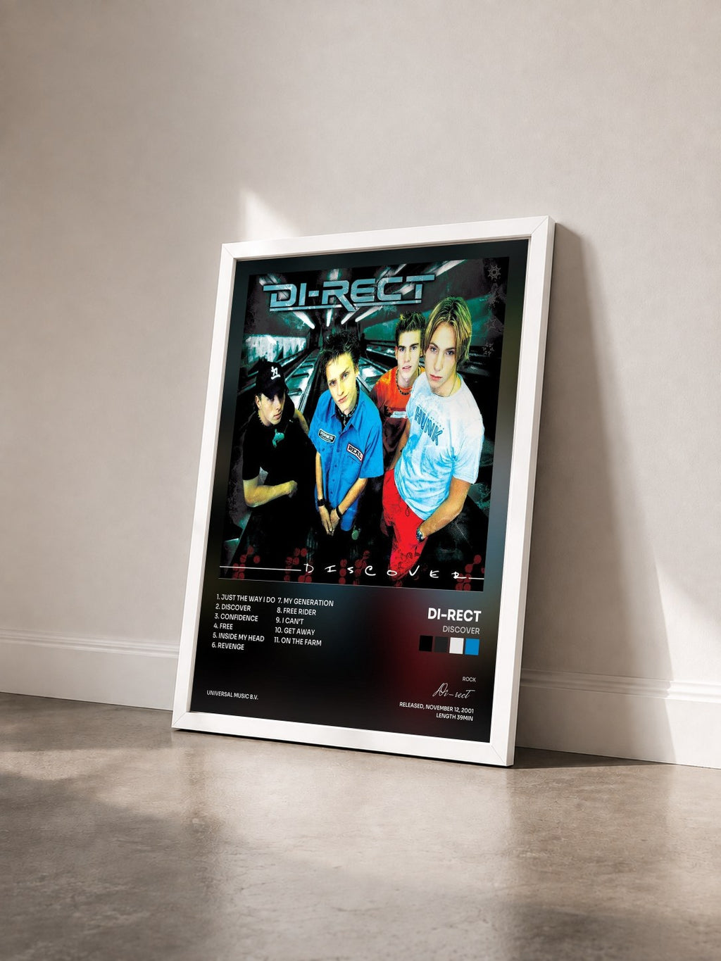 #blanc Tableau de l'album Discover de Di-rect vu de trois quarts, cadre blanc