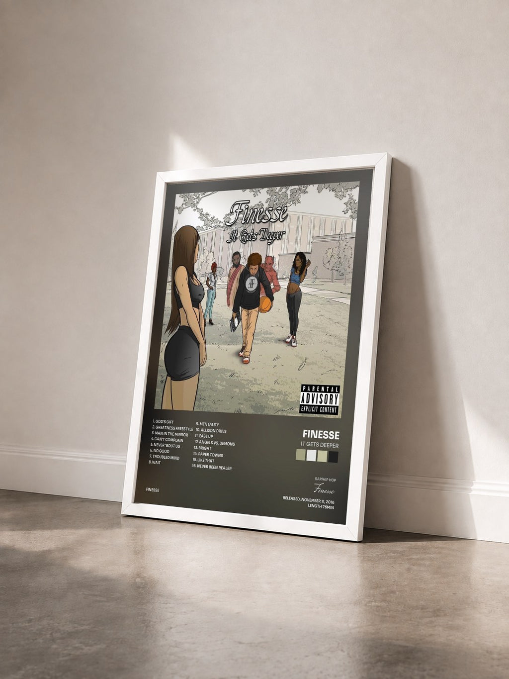 #blanc Tableau de l'album It Gets Deeper de Finesse vu de trois quarts, cadre blanc