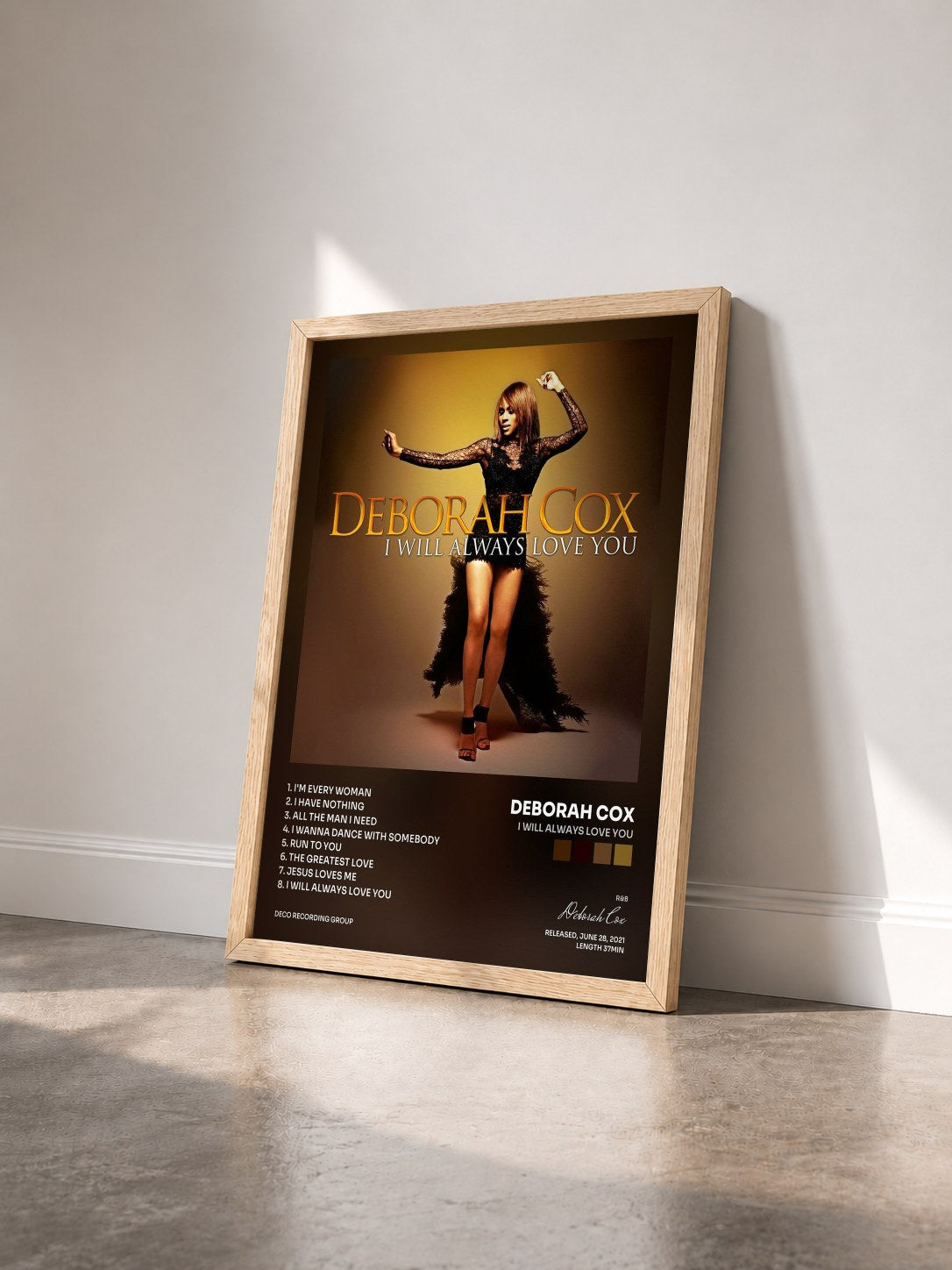 #bois Tableau de l'album I WILL ALWAYS LOVE YOU de Deborah Cox vu de trois quarts, cadre en bois brut