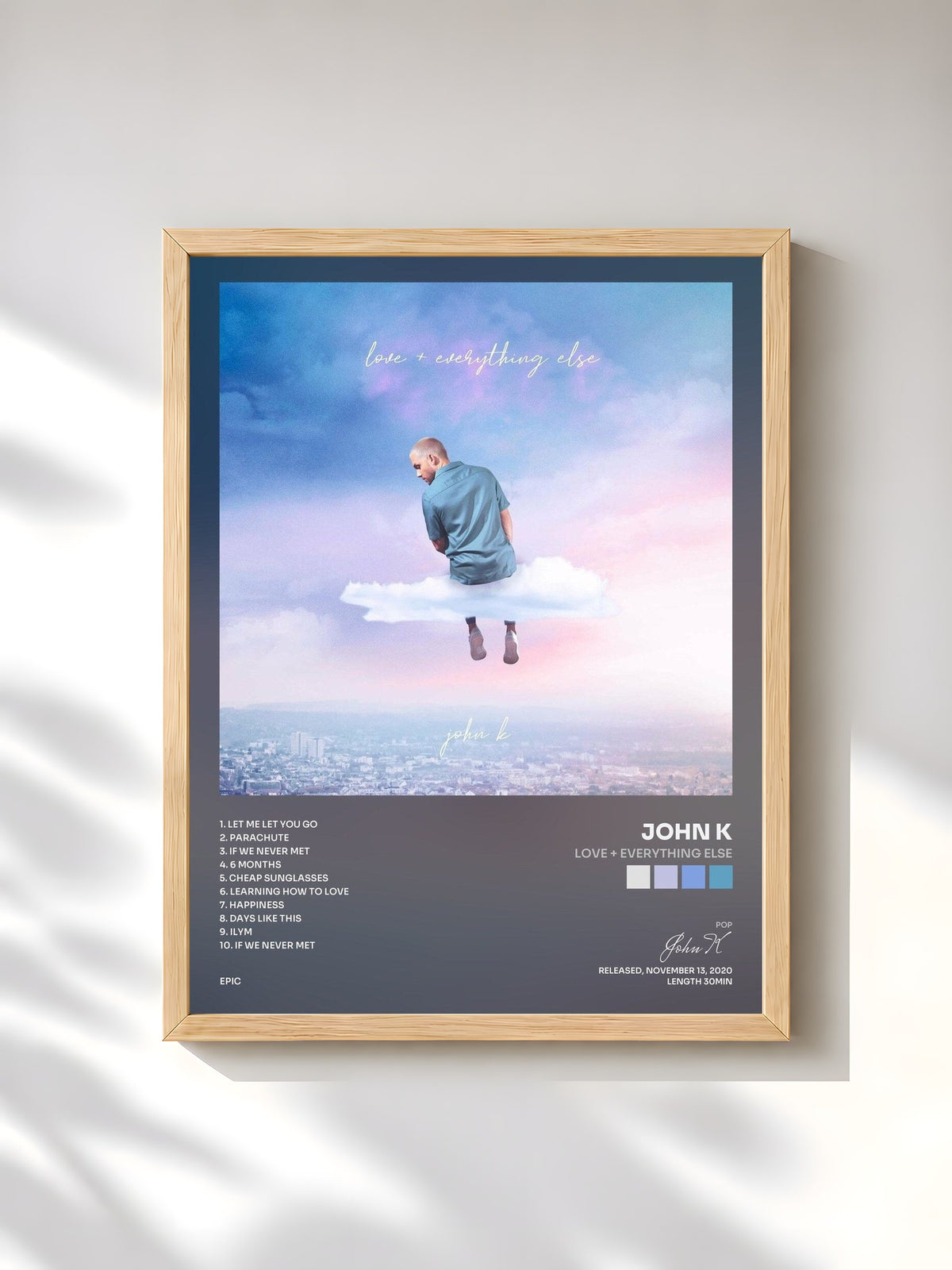 #bois Tableau de l'album love + everything else de John K, cadre en bois brut, imprimé et encadré en France