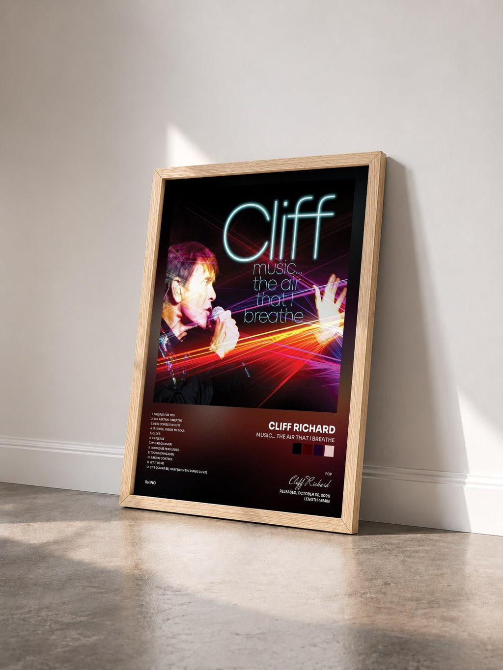 #bois Tableau de l'album Music... The Air That I Breathe de Cliff Richard vu de trois quarts, cadre en bois brut