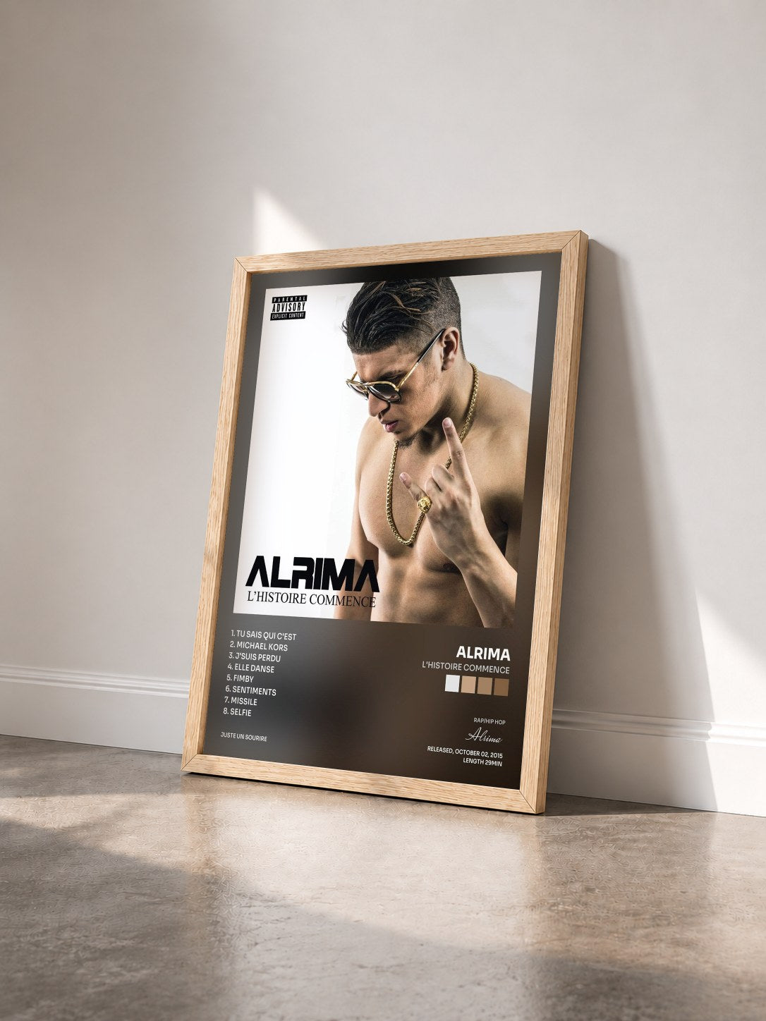 #bois Tableau de l'album L'histoire commence de Alrima vu de trois quarts, cadre en bois brut