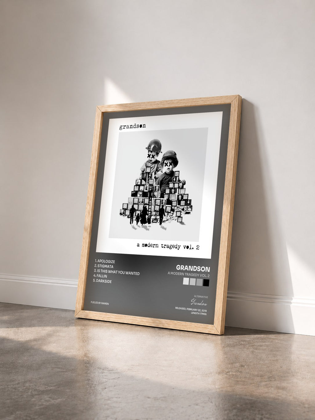 #bois Tableau de l'album a modern tragedy vol. 2 de Grandson vu de trois quarts, cadre en bois brut