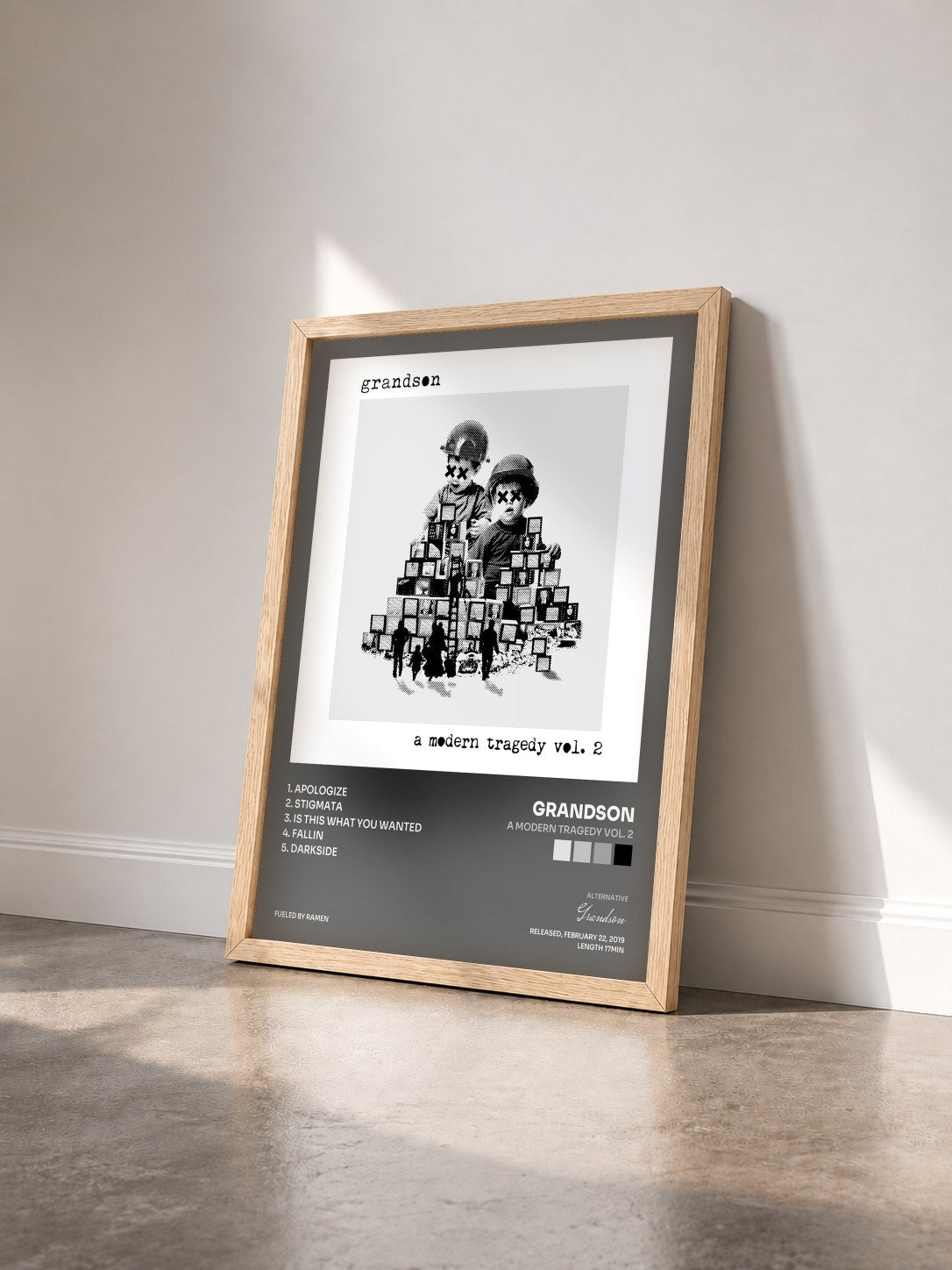 #bois Tableau de l'album a modern tragedy vol. 2 de Grandson vu de trois quarts, cadre en bois brut