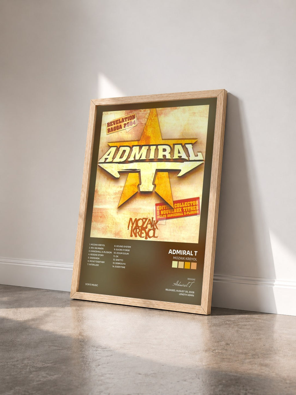 #bois Tableau de l'album Mozaik Kreyol de Admiral T vu de trois quarts, cadre en bois brut