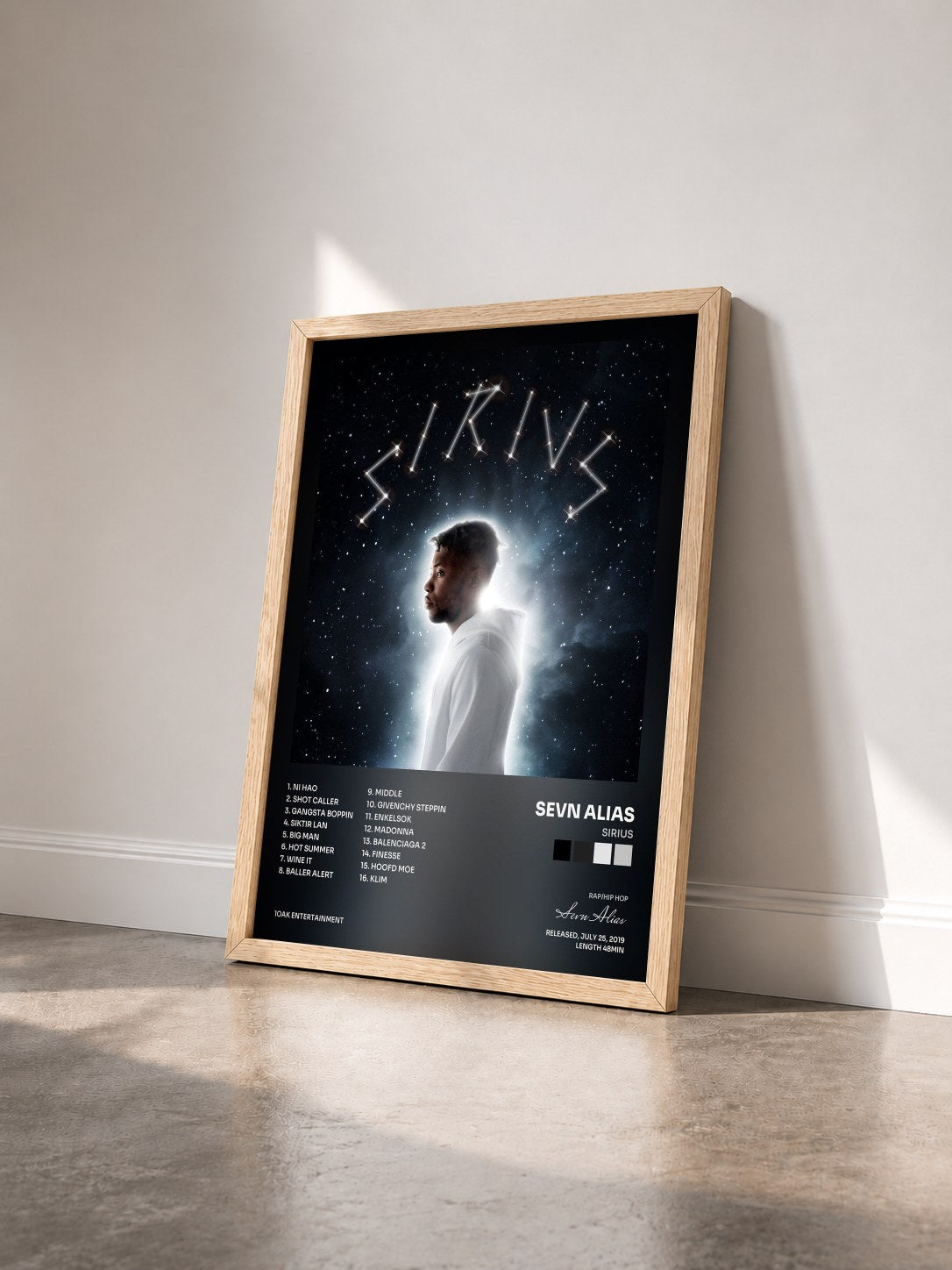 #bois Tableau de l'album SIRIUS de Sevn Alias vu de trois quarts, cadre en bois brut