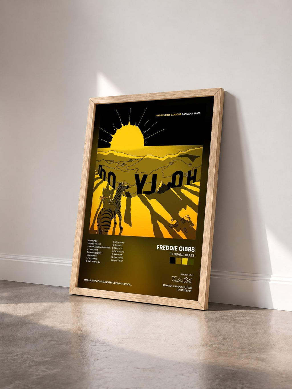 #bois Tableau de l'album Bandana Beats de Freddie Gibbs vu de trois quarts, cadre en bois brut