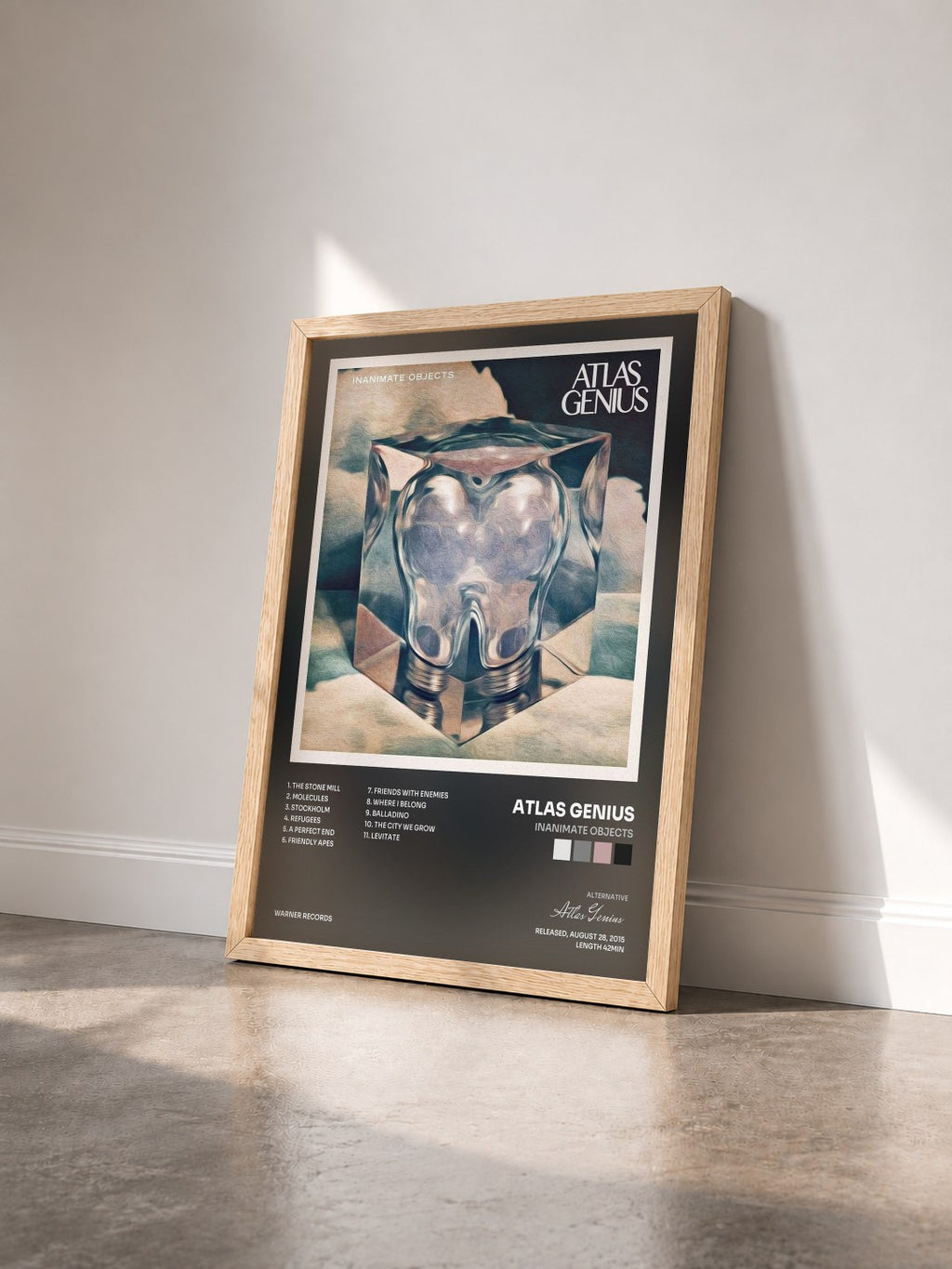 #bois Tableau de l'album Inanimate Objects de Atlas Genius vu de trois quarts, cadre en bois brut