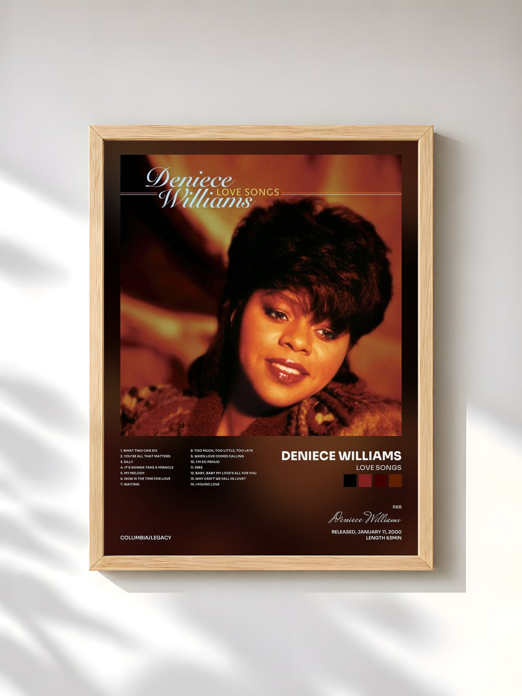 #bois Tableau de l'album Love Songs de Deniece Williams, cadre en bois brut, imprimé et encadré en France