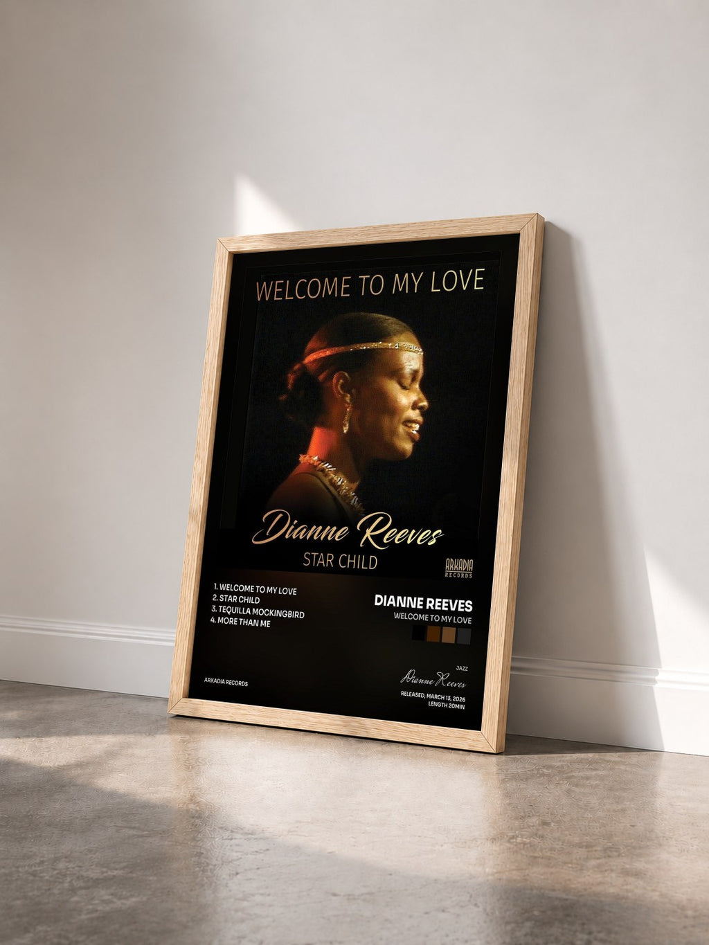 #bois Tableau de l'album Welcome To My Love de Dianne Reeves vu de trois quarts, cadre en bois brut