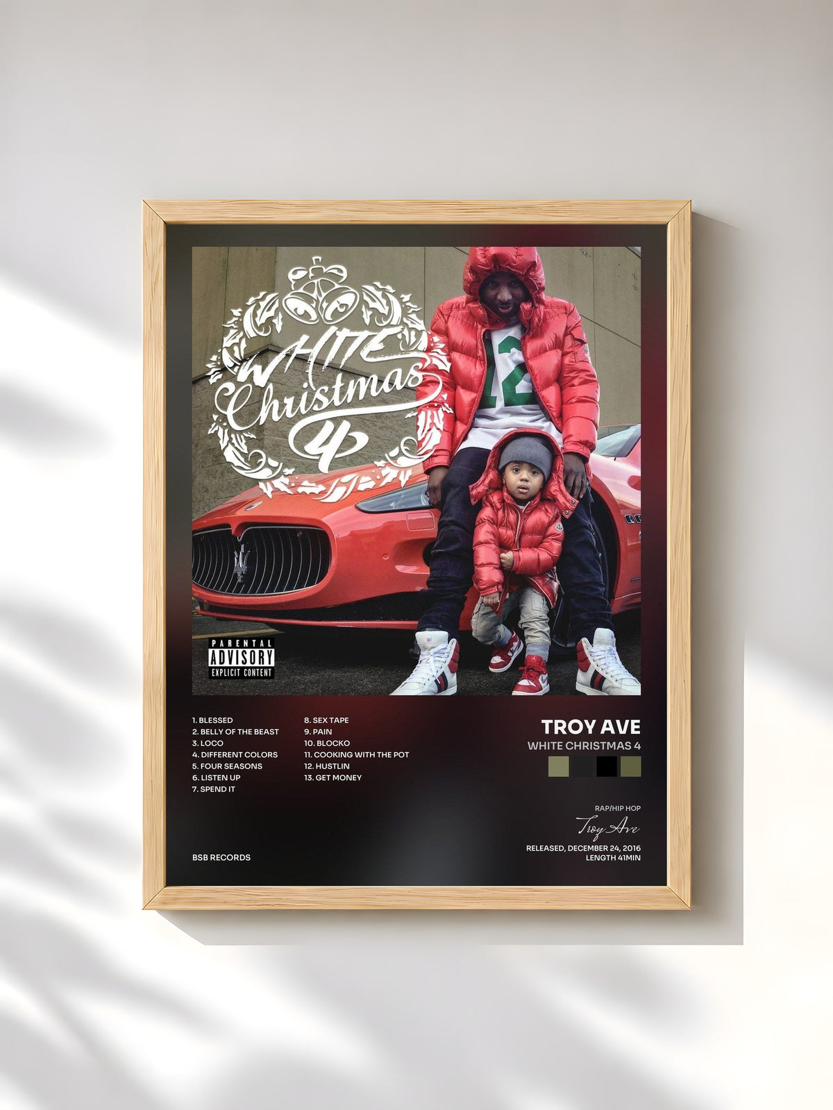 #bois Tableau de l'album White Christmas 4 de Troy Ave, cadre en bois brut, imprimé et encadré en France