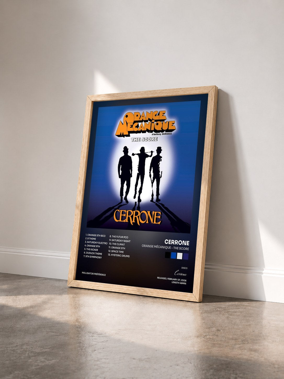 #bois Tableau de l'album Orange Mécanique - The Score de Cerrone vu de trois quarts, cadre en bois brut
