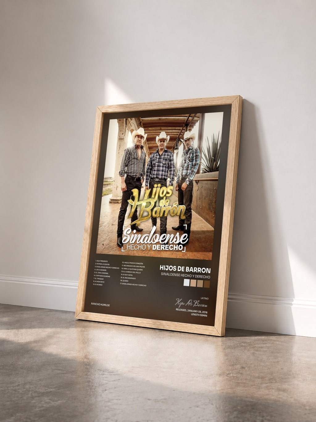 #bois Tableau de l'album Sinaloense Hecho Y Derecho de Hijos De Barron vu de trois quarts, cadre en bois brut