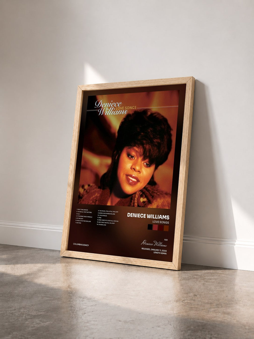 #bois Tableau de l'album Love Songs de Deniece Williams vu de trois quarts, cadre en bois brut