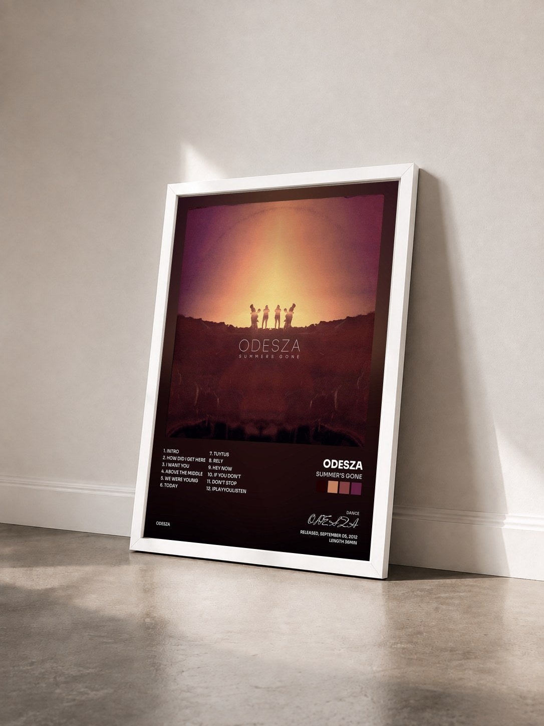 #blanc Tableau de l'album Summer's Gone de ODESZA vu de trois quarts, cadre blanc