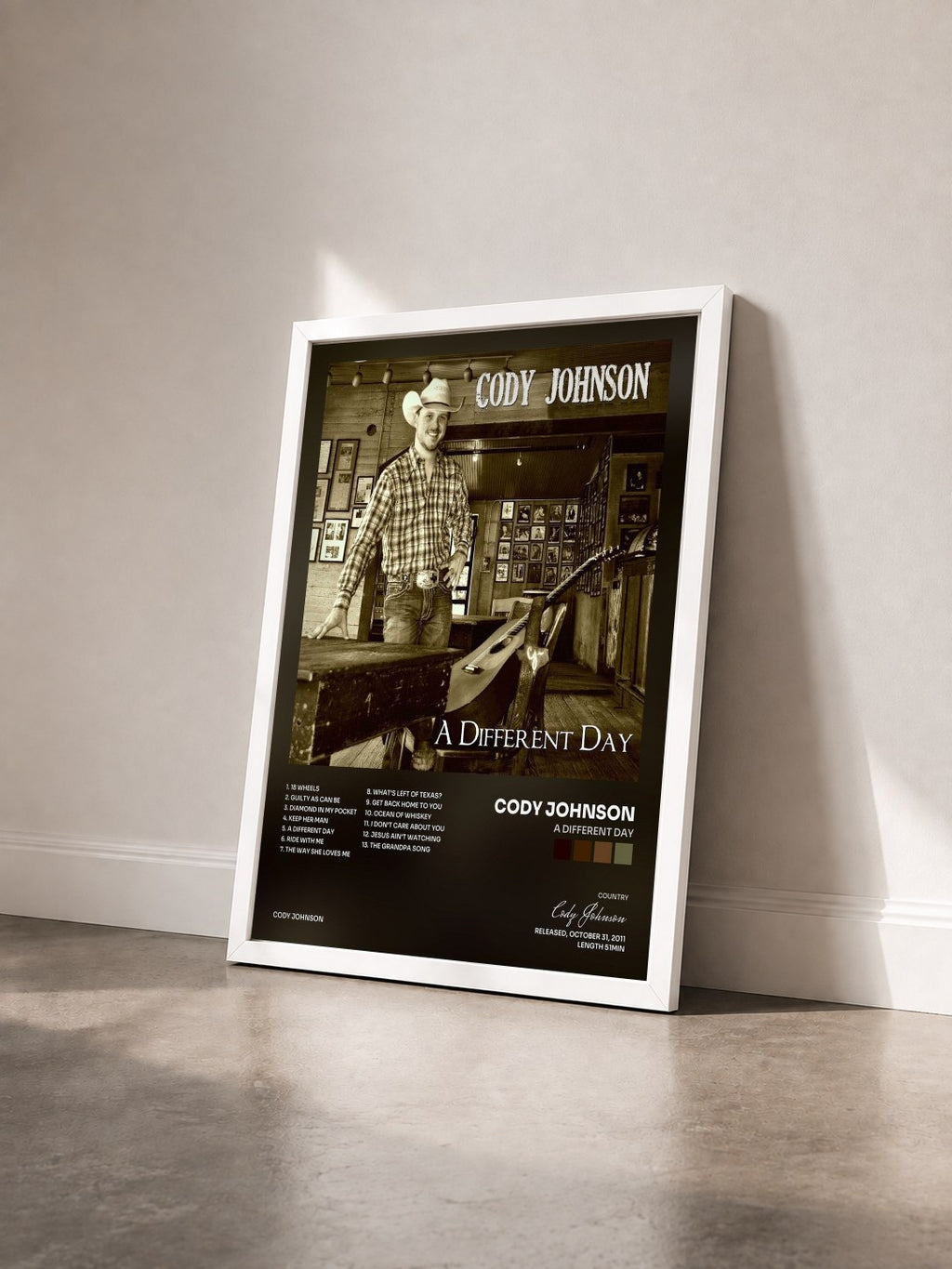 #blanc Tableau de l'album A Different Day de Cody Johnson vu de trois quarts, cadre blanc