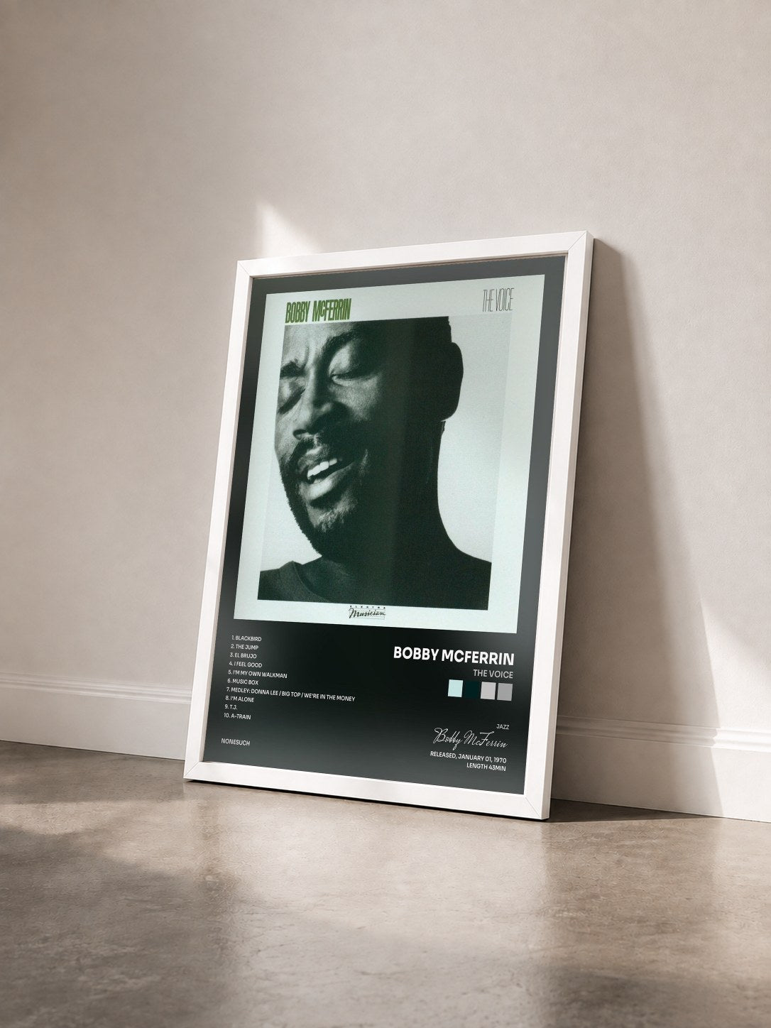 #blanc Tableau de l'album The Voice de Bobby McFerrin vu de trois quarts, cadre blanc