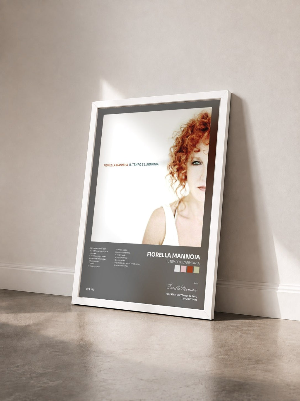 #blanc Tableau de l'album Il Tempo E L'Armonia de Fiorella Mannoia vu de trois quarts, cadre blanc