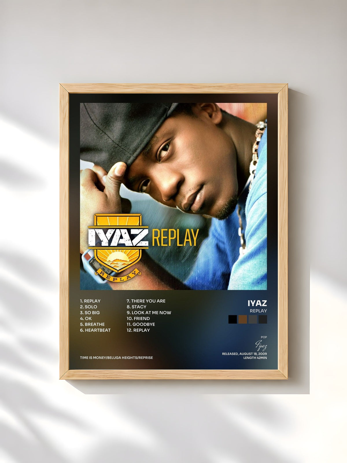 #bois Tableau de l'album Replay de Iyaz, cadre en bois brut, imprimé et encadré en France